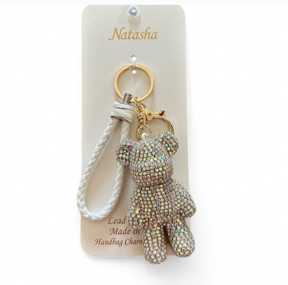 🤍▪️Natasha▪️ Sparkling Rhinestones Bear Bag Charm/Keychain with White Strap